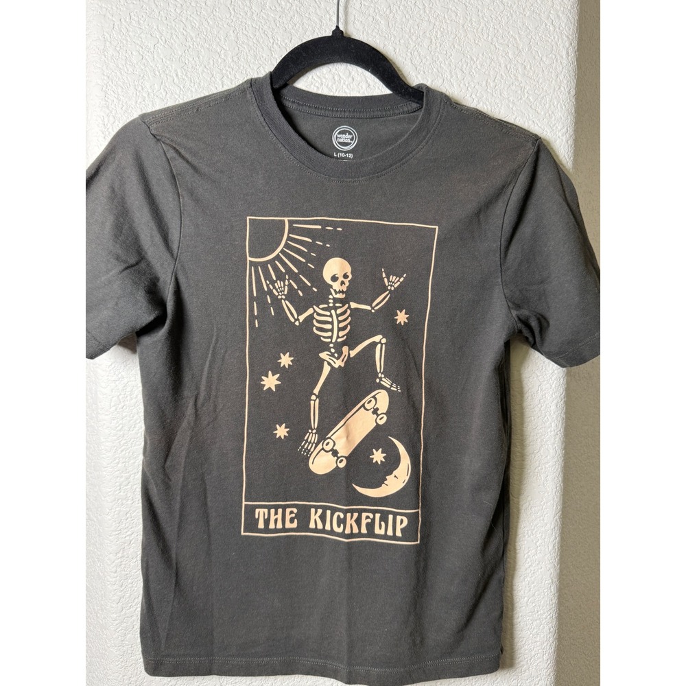Wonder Nation Boys Charcoal Gray Skeleton Skateboard The Kickflip Graphic Tee L